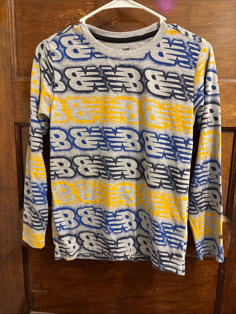New Balance Allover Logo Long Sleeve Tee in Blue & Yellow